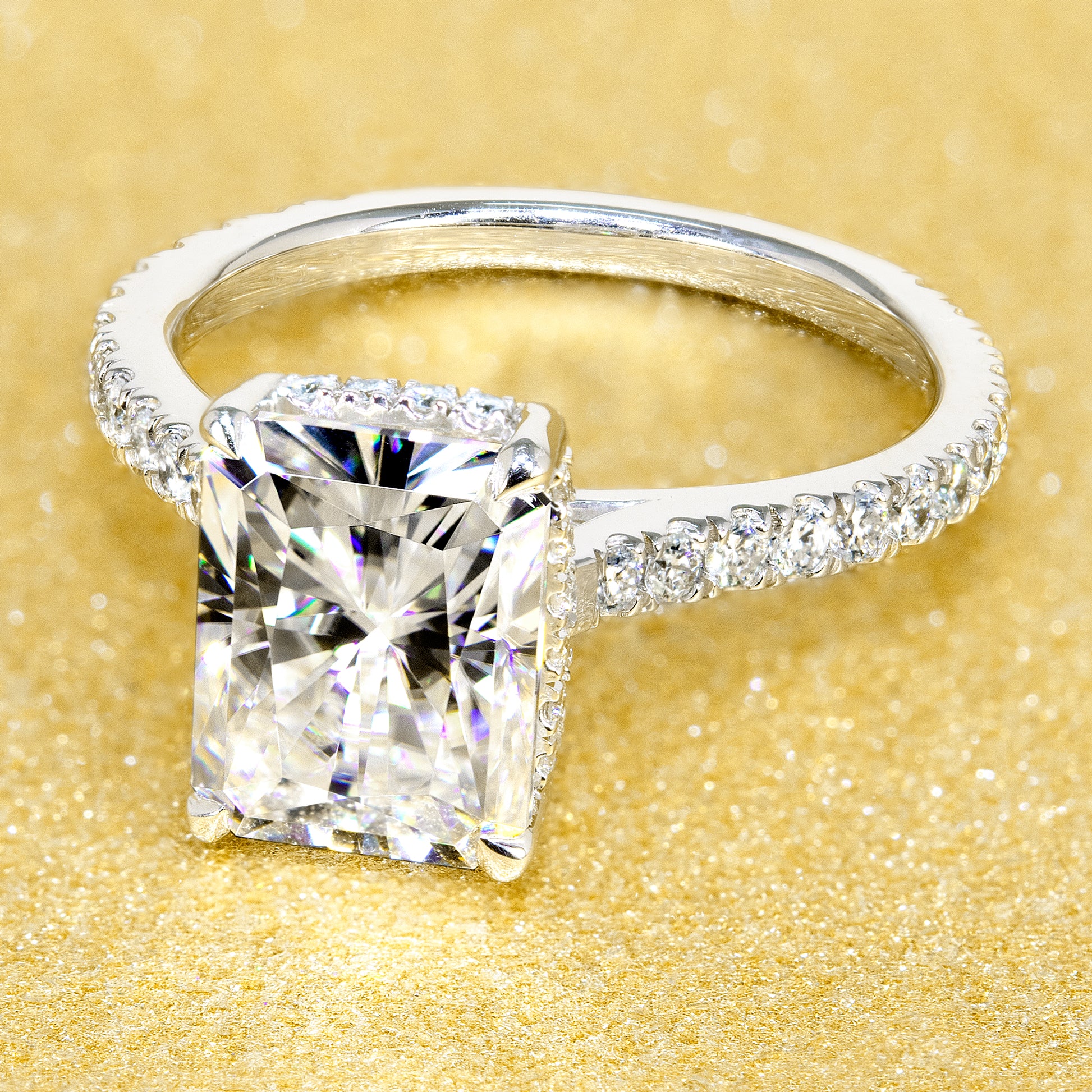 14K Gold 2.7ct Radiant-cut Cathedral Hidden Halo Moissanite and Diamond Engagement Ring | Earthena Jewelry