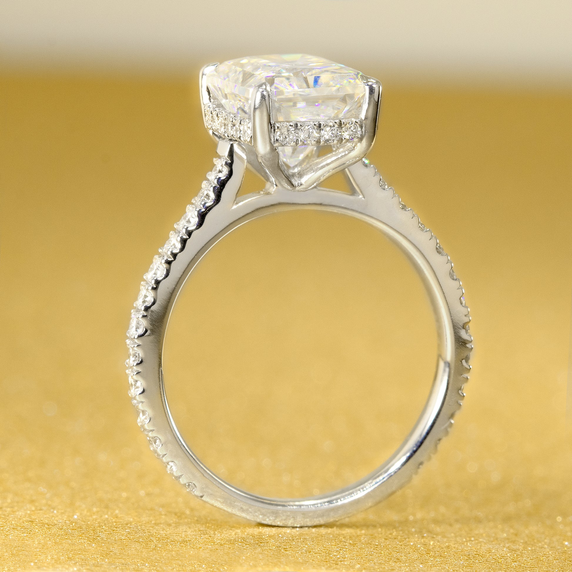 14K Gold 2.7ct Radiant-cut Cathedral Hidden Halo Moissanite and Diamond Engagement Ring | Earthena Jewelry