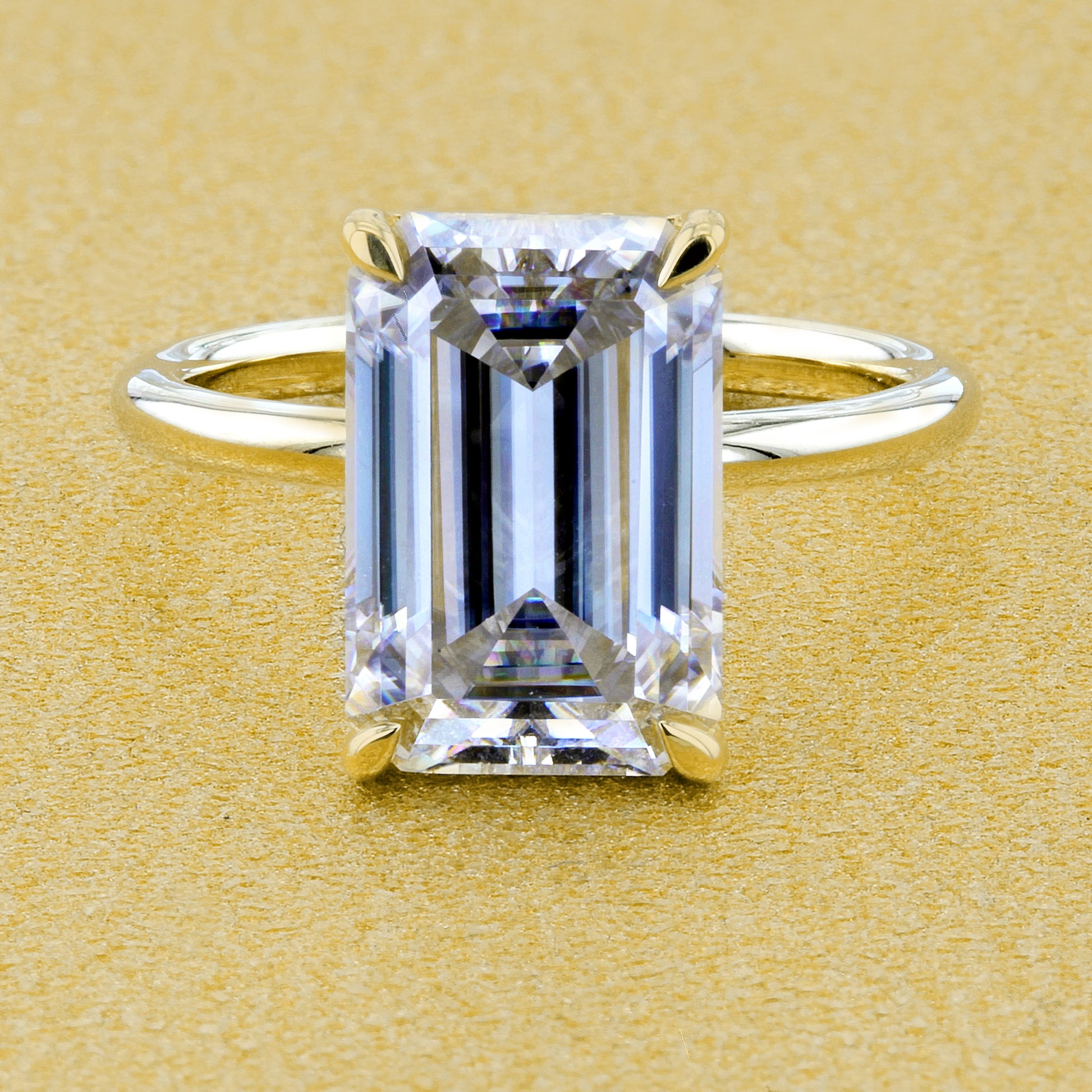 18K Gold Classic 5ct Elongated Emerald-cut Hidden Halo Moissanite and Diamond Solitaire Engagement Ring | Earthena Jewelry