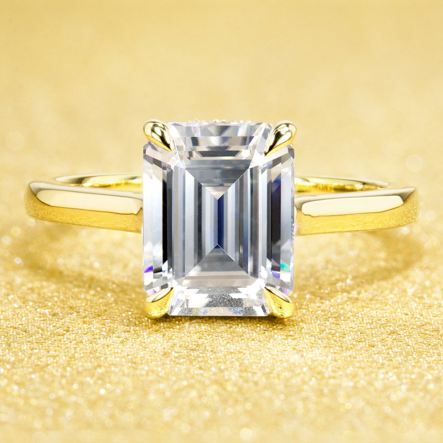 Classic 2.5ct Emerald-cut Moissanite Cathedral Hidden Halo Moissanite and Diamond Engagement Ring | Earthena Jewelry