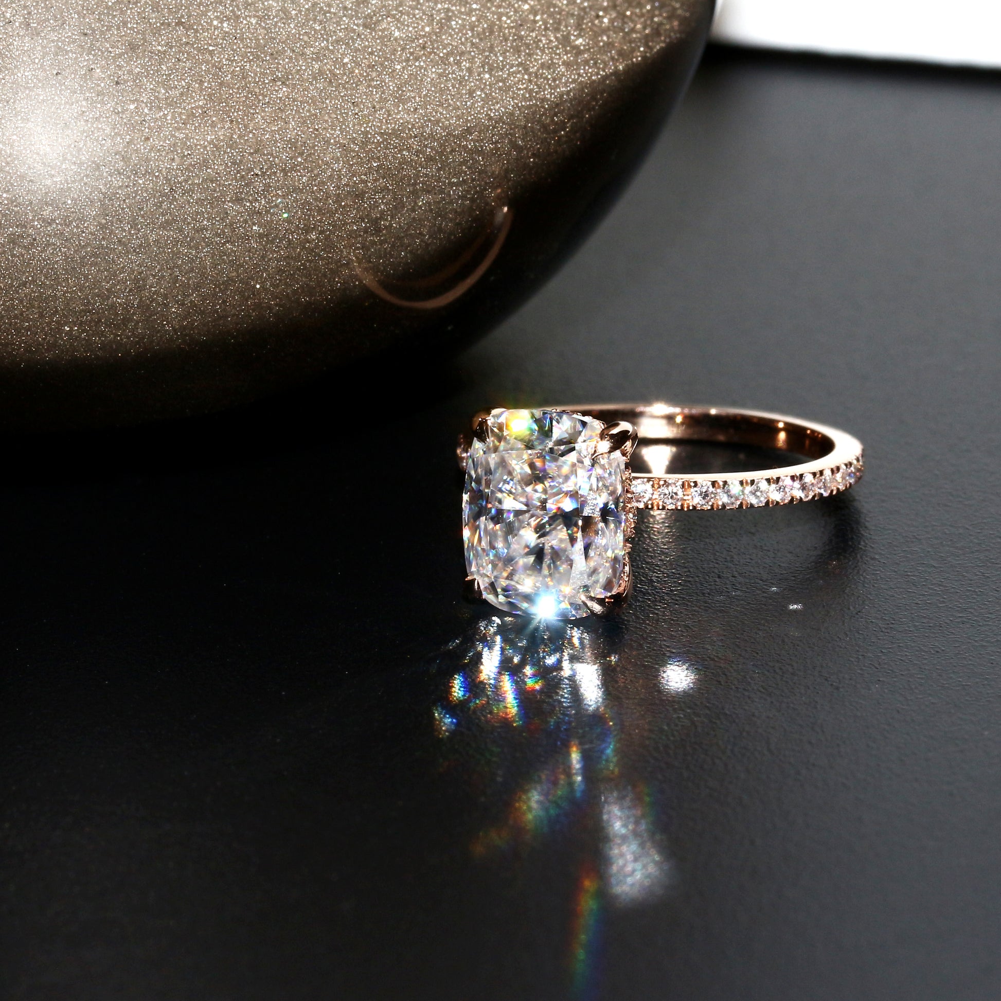 18K Gold Classic and Trendy 3ct Elongated Cushion-cut Hidden Moissanite and Diamond Engagement | Earthena Jewelry