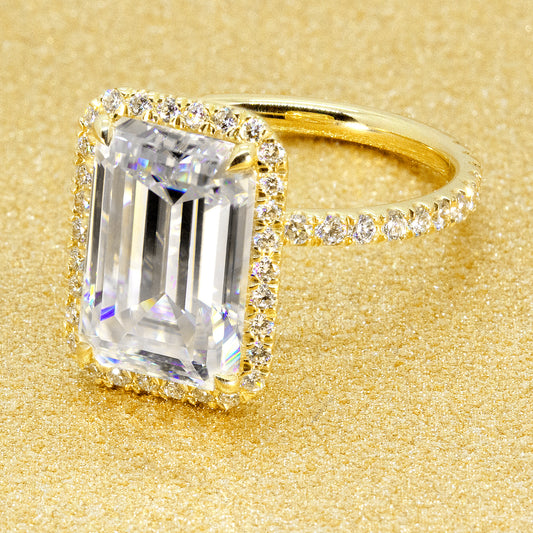 14K Gold Classic 5.5ct Elongated Emerald-cut Halo Moissanite and Diamond Engagement Ring | Earthena Jewelry
