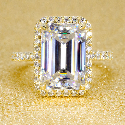 14K Gold Classic 5.5ct Elongated Emerald-cut Halo Moissanite and Diamond Engagement Ring | Earthena Jewelry