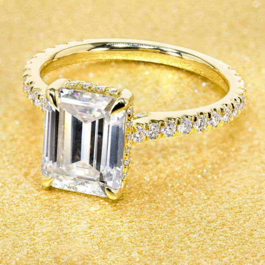 14K Gold 2.5ct Emerald-cut Cathedral Hidden Halo Moissanite and Diamond Engagement Ring | Earthena Jewelry