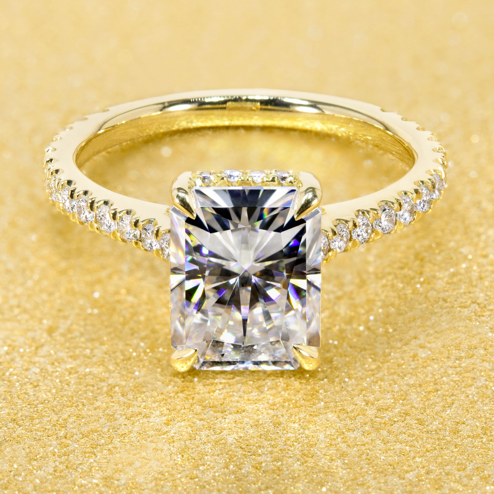 14K Gold 2.7ct Radiant-cut Hidden Halo Cathedral Moissanite and Diamond Engagement Ring | Earthena Jewelry