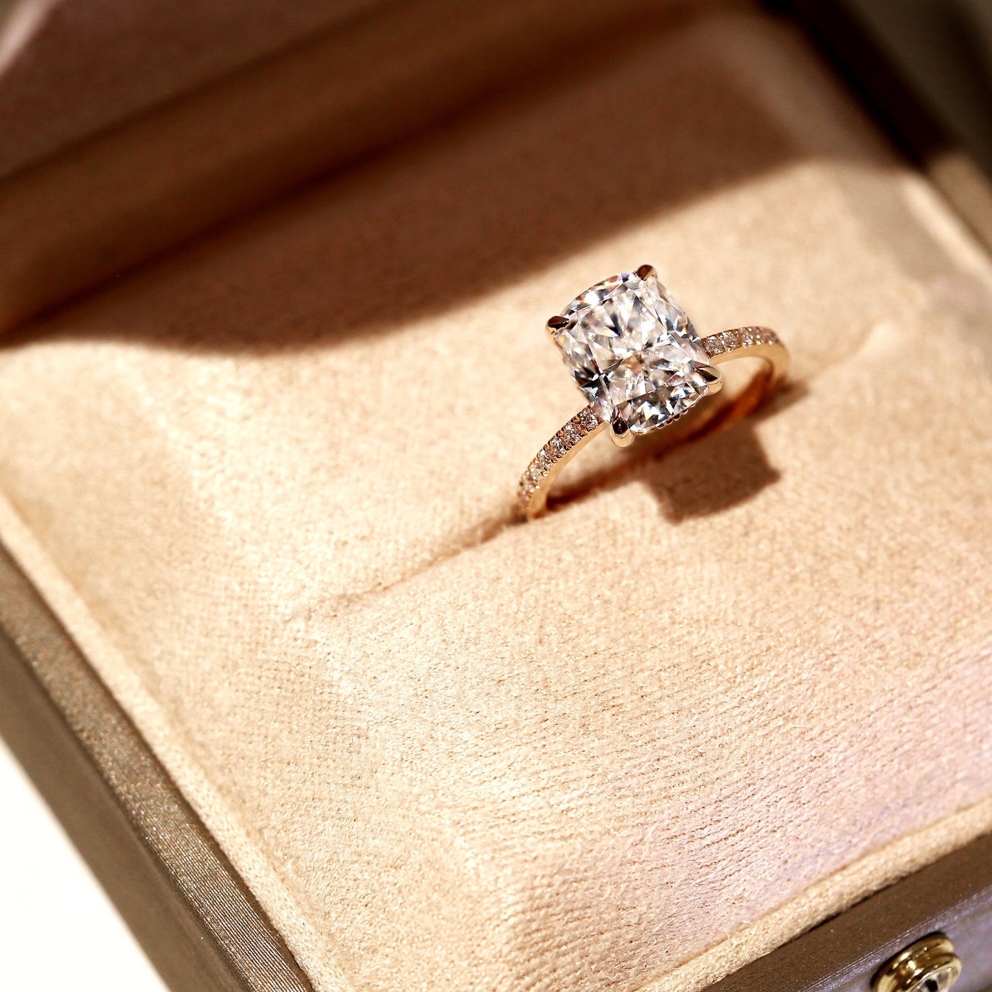 18K Gold Classic and Trendy 3ct Elongated Cushion-cut Hidden Moissanite and Diamond Engagement | Earthena Jewelry