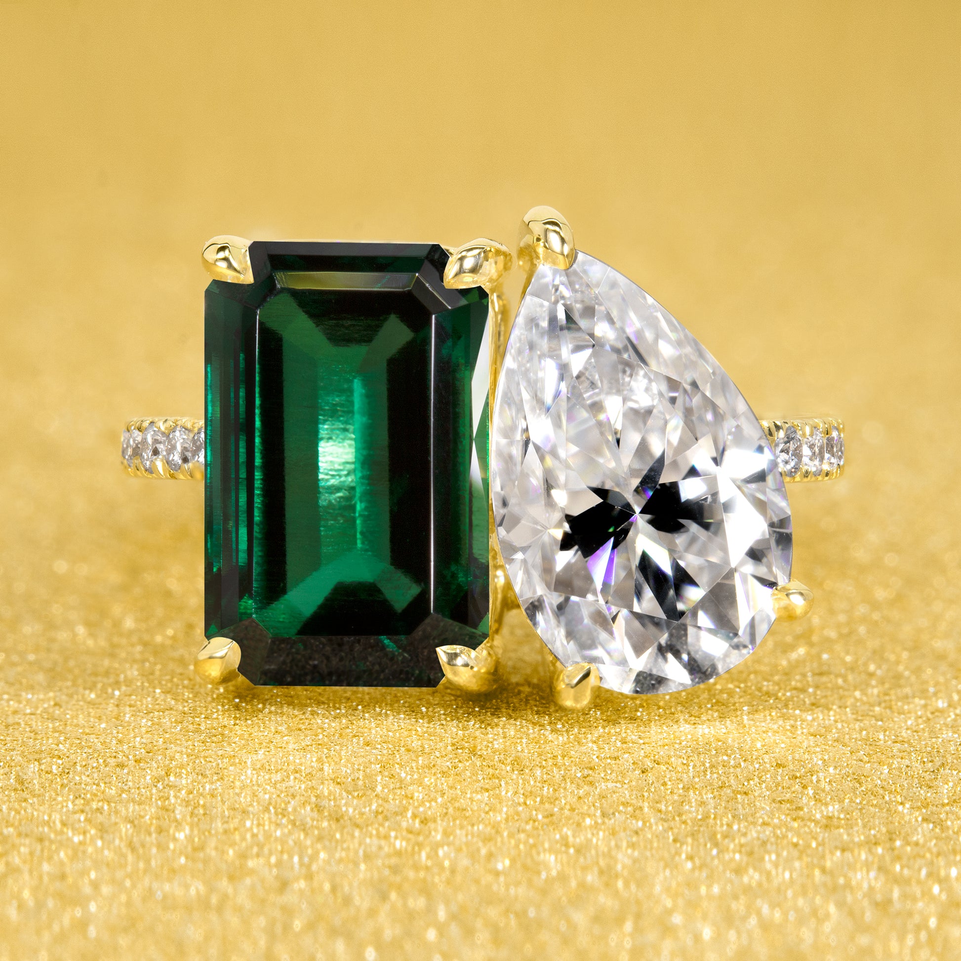 The Gemini, Toi et Moi 6 ctw Elongated Green-emerald and Pear-shaped Ring