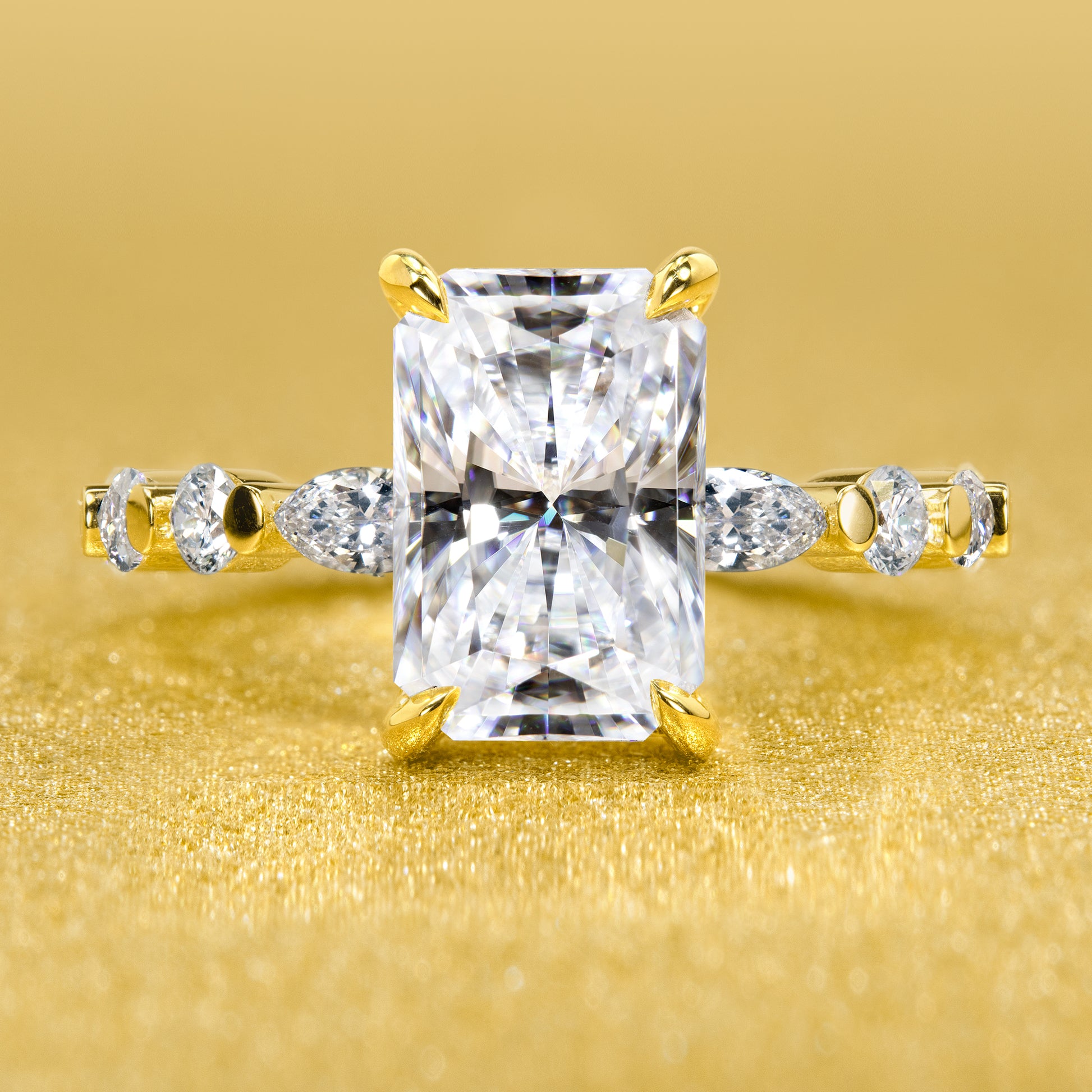 The Grace, 3ct Elongated Radiant Brilliant-cut Moissanite Hidden Halo Floating Marquise and Round Lab-grown Diamond Engagement Ring by Earthena Jewelry