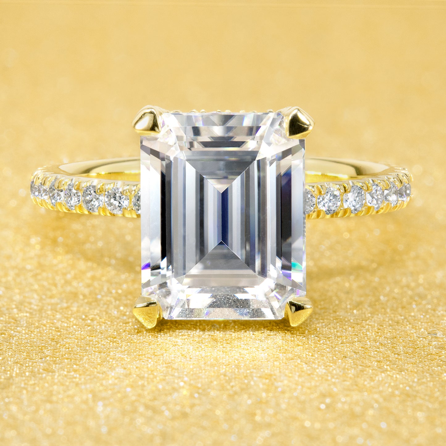 3ct Emerald-cut Classic-Modern Hidden Wrap Halo Moissanite and Diamond Engagement Ring | Earthena Jewelry