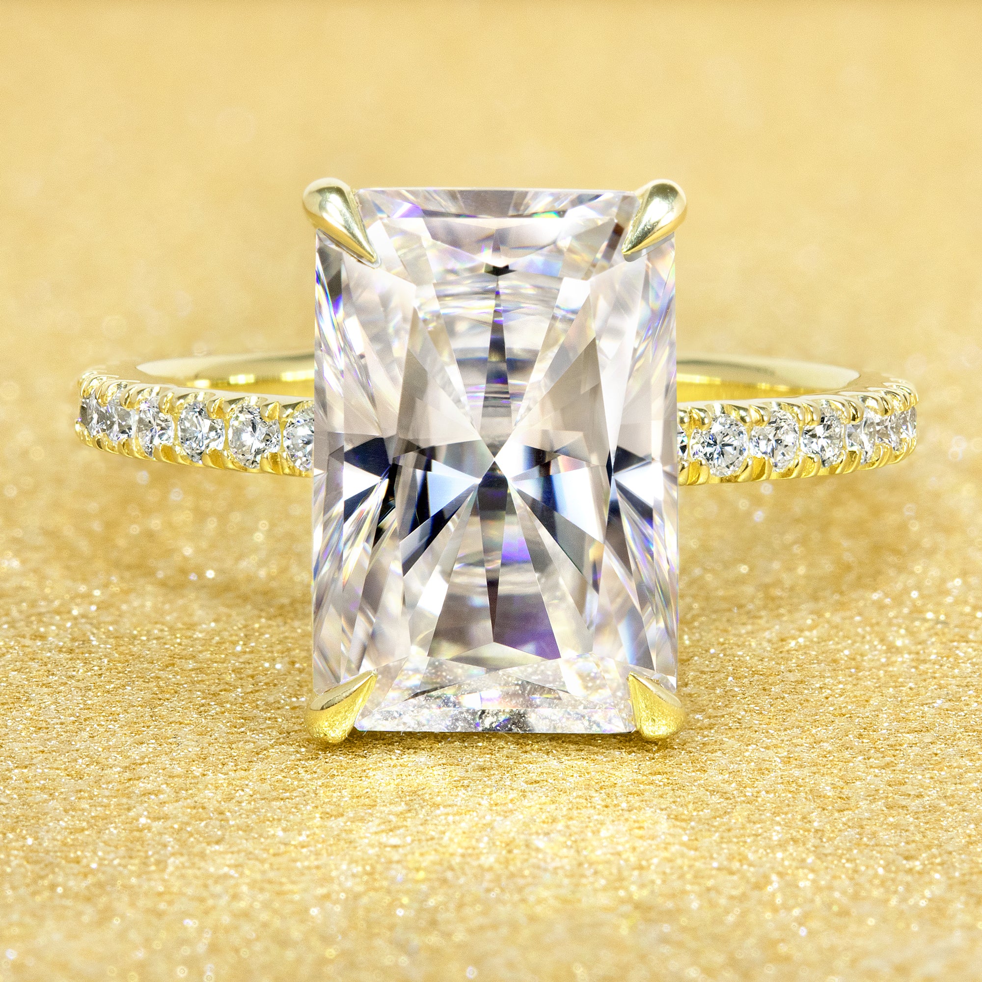 Classic Selina 4.5ct Elongated Radiant-cut Moissanite Hidden Halo Lab-grown Diamond Engagement ring in 14K gold, 18K gold, or Platinum handcrafted in Los Angeles by Earthena Jewelry.