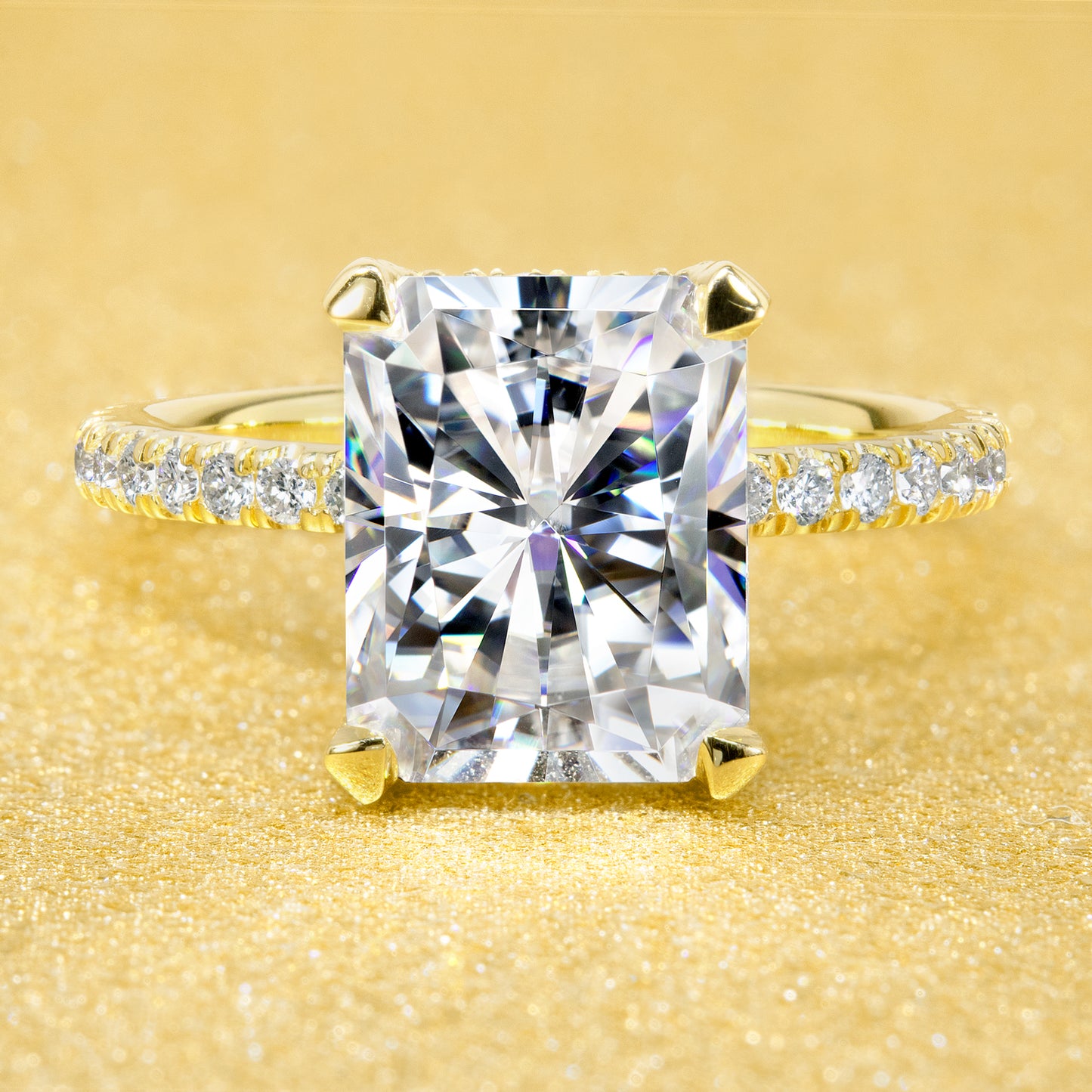4ct Radiant-cut Classic-Modern Hidden Wrap Halo Moissanite and Diamond Engagement Ring | Earthena Jewelry