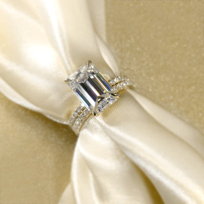 14K Gold Classic 5.5ct Elongated Emerald-cut Hidden Halo Moissanite and Diamond Engagement Ring | Earthena Jewelry
