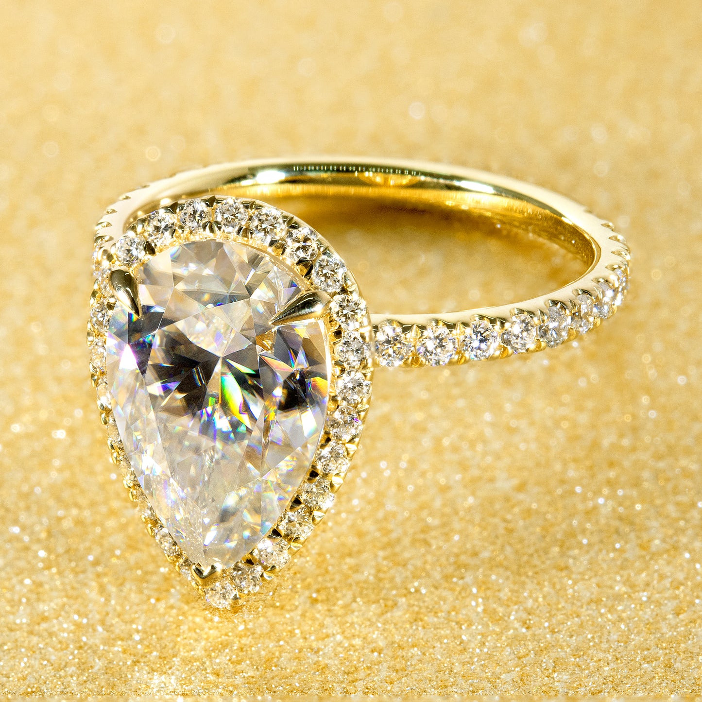 14K Gold Classic 3.5ct Elongated Pear-shaped Halo Moissanite and Diamond Engagement Ring | Earthena Jewelry