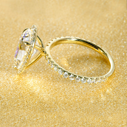 14K Gold Classic 3.5ct Elongated Pear-shaped Halo Moissanite and Diamond Engagement Ring | Earthena Jewelry