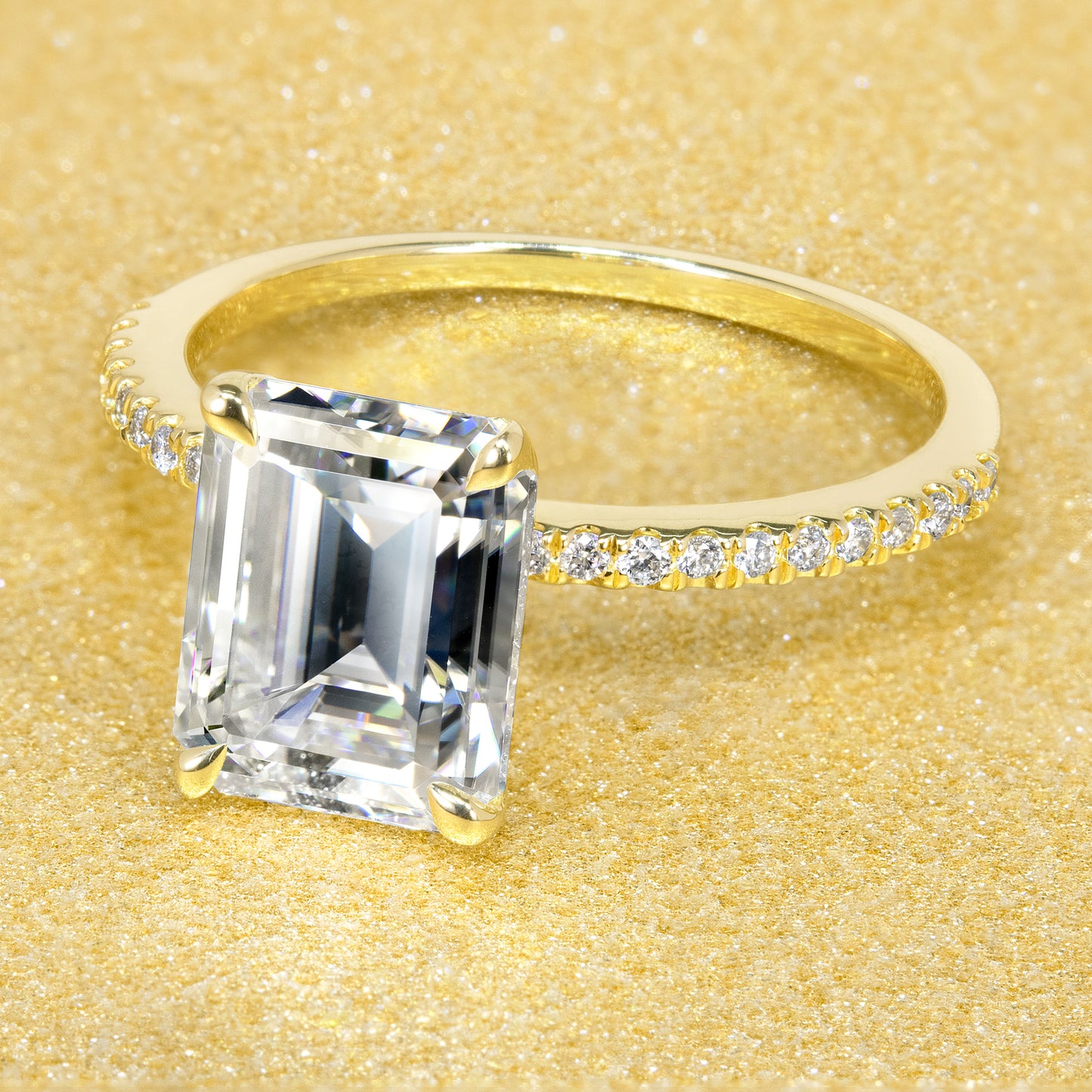 14K Gold Classic 2.5ct Emerald-cut Minimalistic Slim Basket Moissanite and Diamond Engagement Ring | Earthena Jewelry