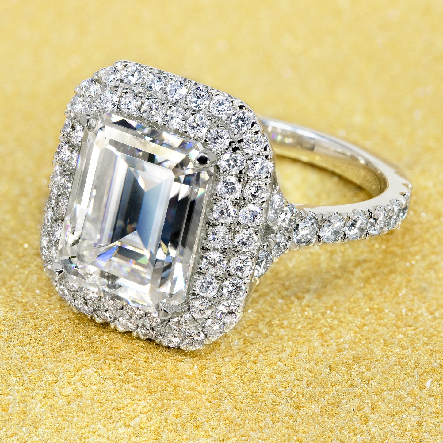 14K Gold Classic 3.5ct Emerald-cut Double Halo Moissanite and Diamond Ring | Earthena Jewelry