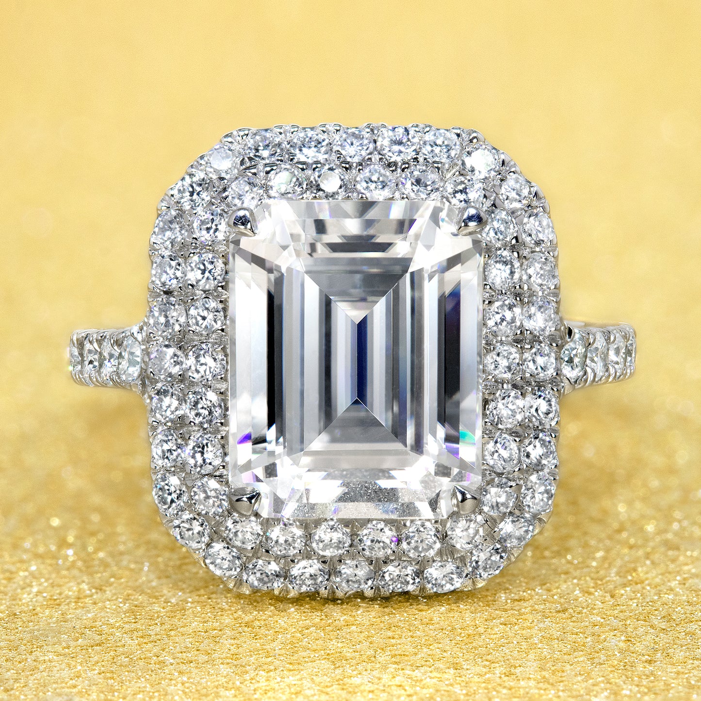 14K Gold Classic 3.5ct Emerald-cut Double Halo Moissanite and Diamond Ring | Earthena Jewelry