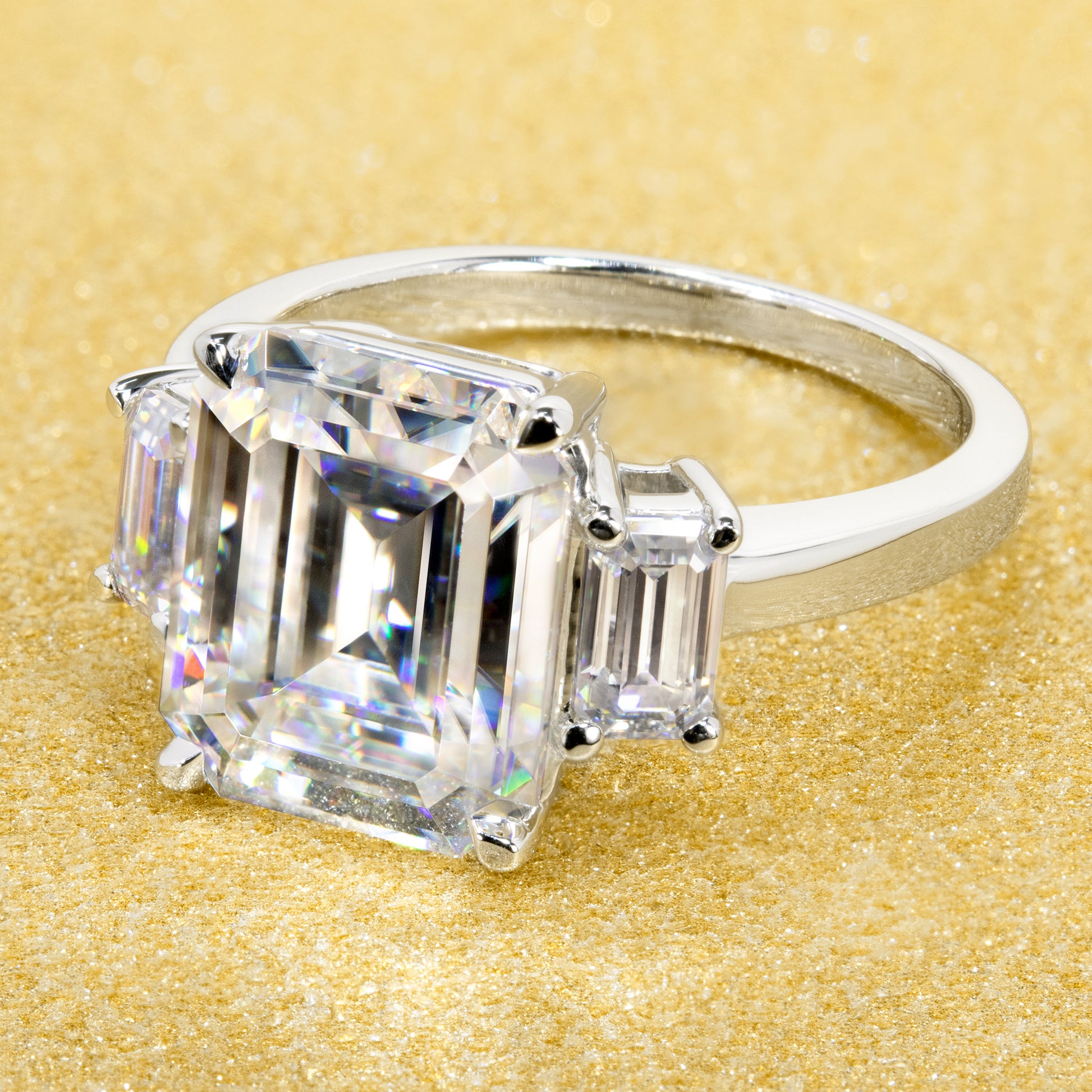 14K Gold 5ct Emerald-cut Moissanite Three-Stone Engagement Ring | Earthena Jewelry