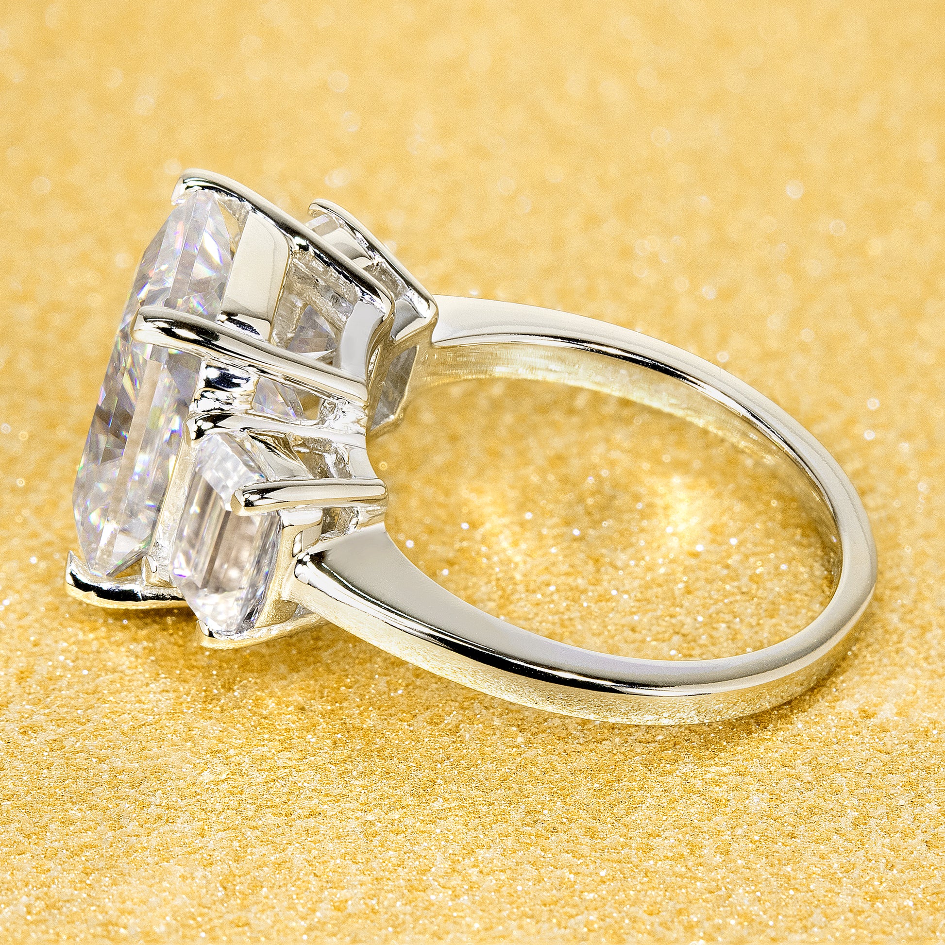 14K Gold 5ct Emerald-cut Moissanite Three-Stone Engagement Ring | Earthena Jewelry