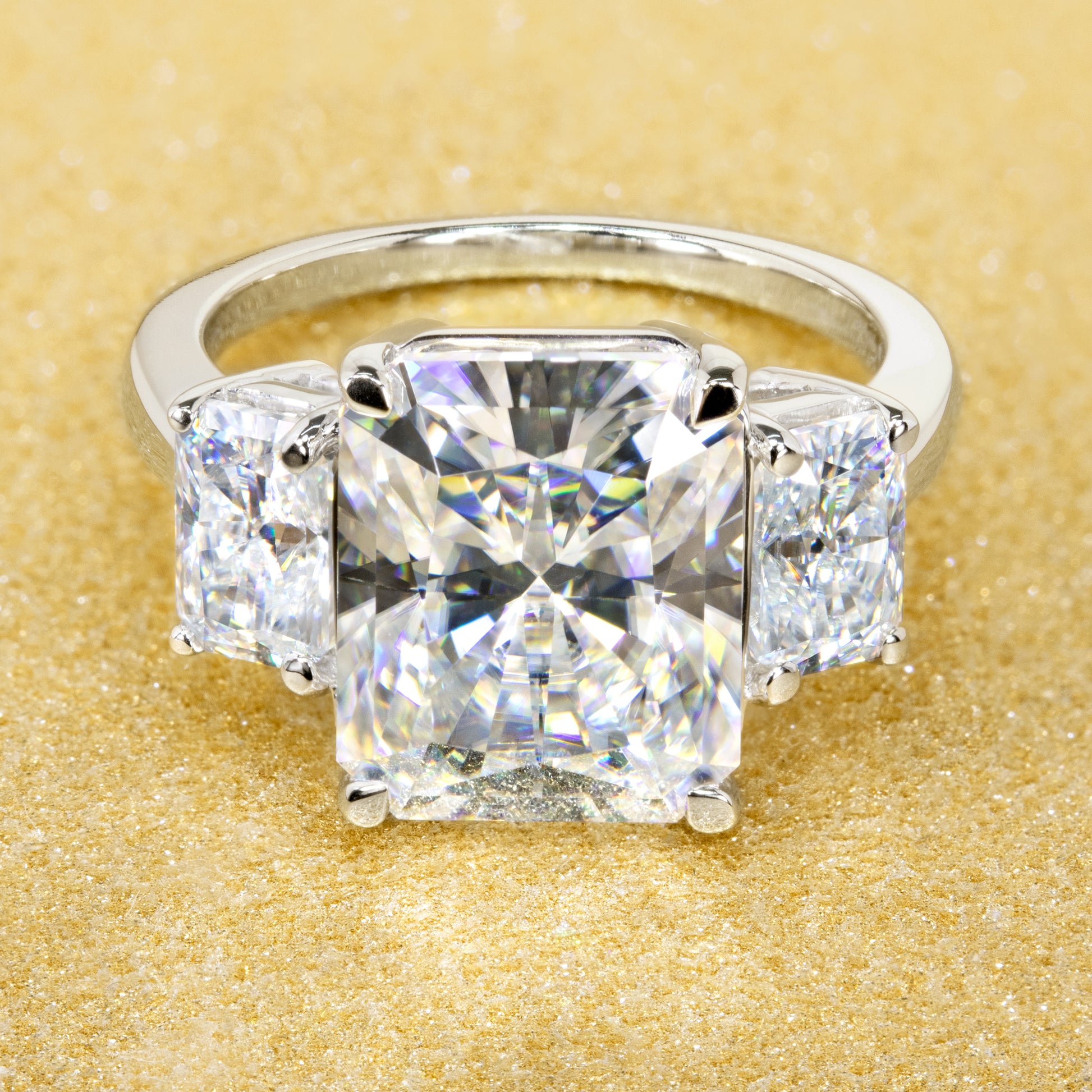 14K Gold 5ct Radiant-cut Moissanite Three-Stone Engagement Ring | Earthena Jewelry