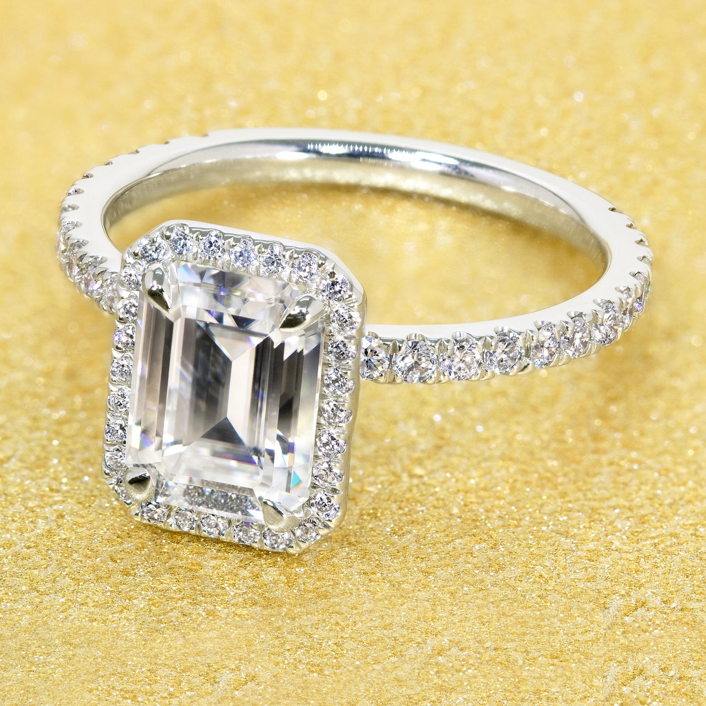 14K Gold Classic 1.75ct Emerald-cut Wrap Halo Moissanite and Diamond Engagement Ring | Earthena Jewelry