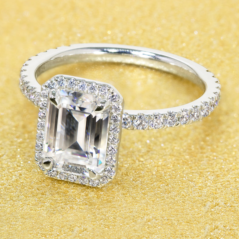Classic 1.7ct Emerald-cut Wrap Halo Engagement Ring | Earthena Jewelry
