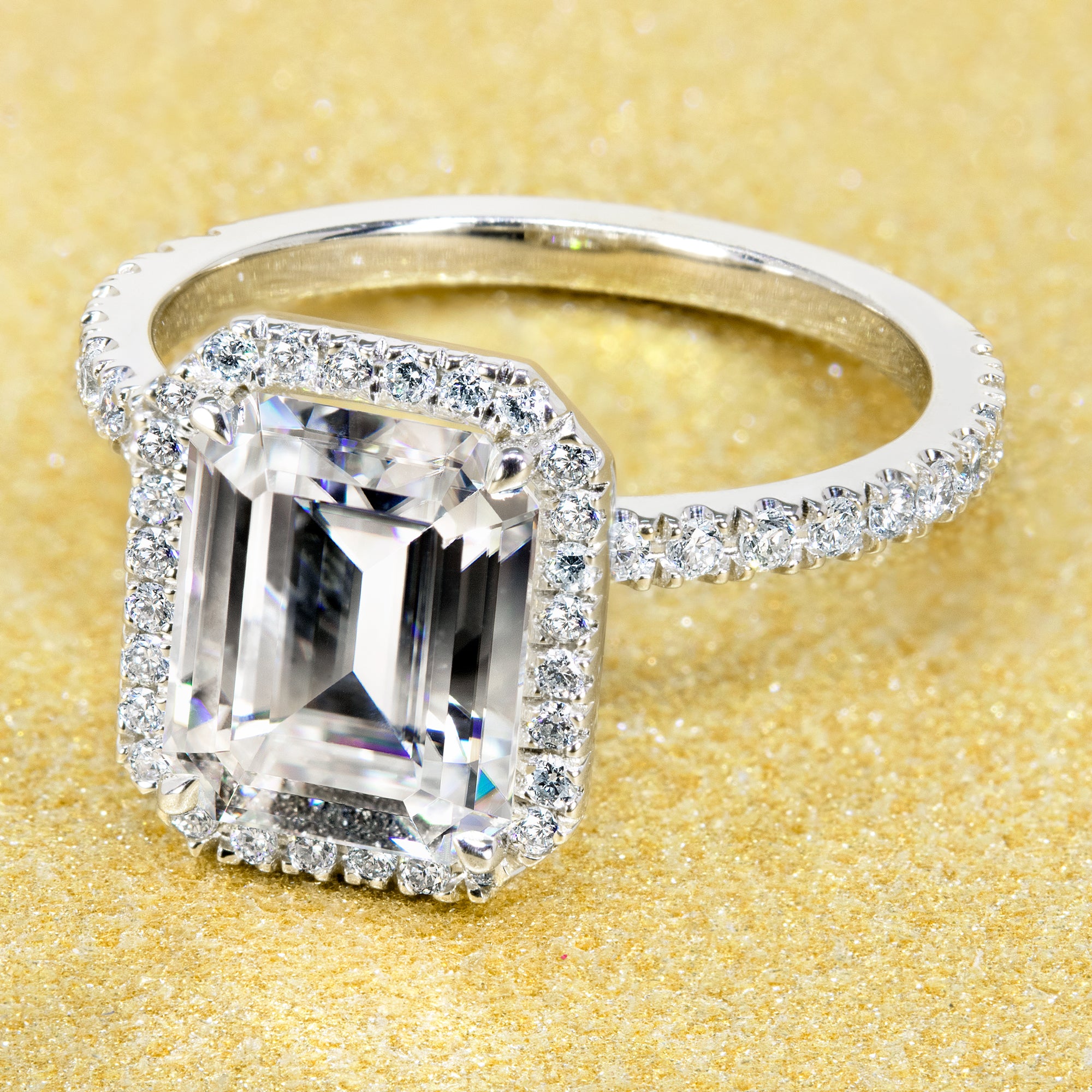 Classic 2.5ct Emerald-cut Halo Engagement Ring | Earthena Jewelry