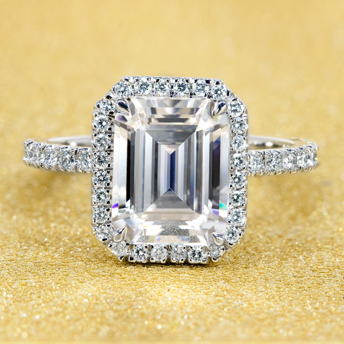 14K Gold Classic 2.5ct Emerald-cut Halo Moissanite and Diamond Engagement Ring | Earthena Jewelry