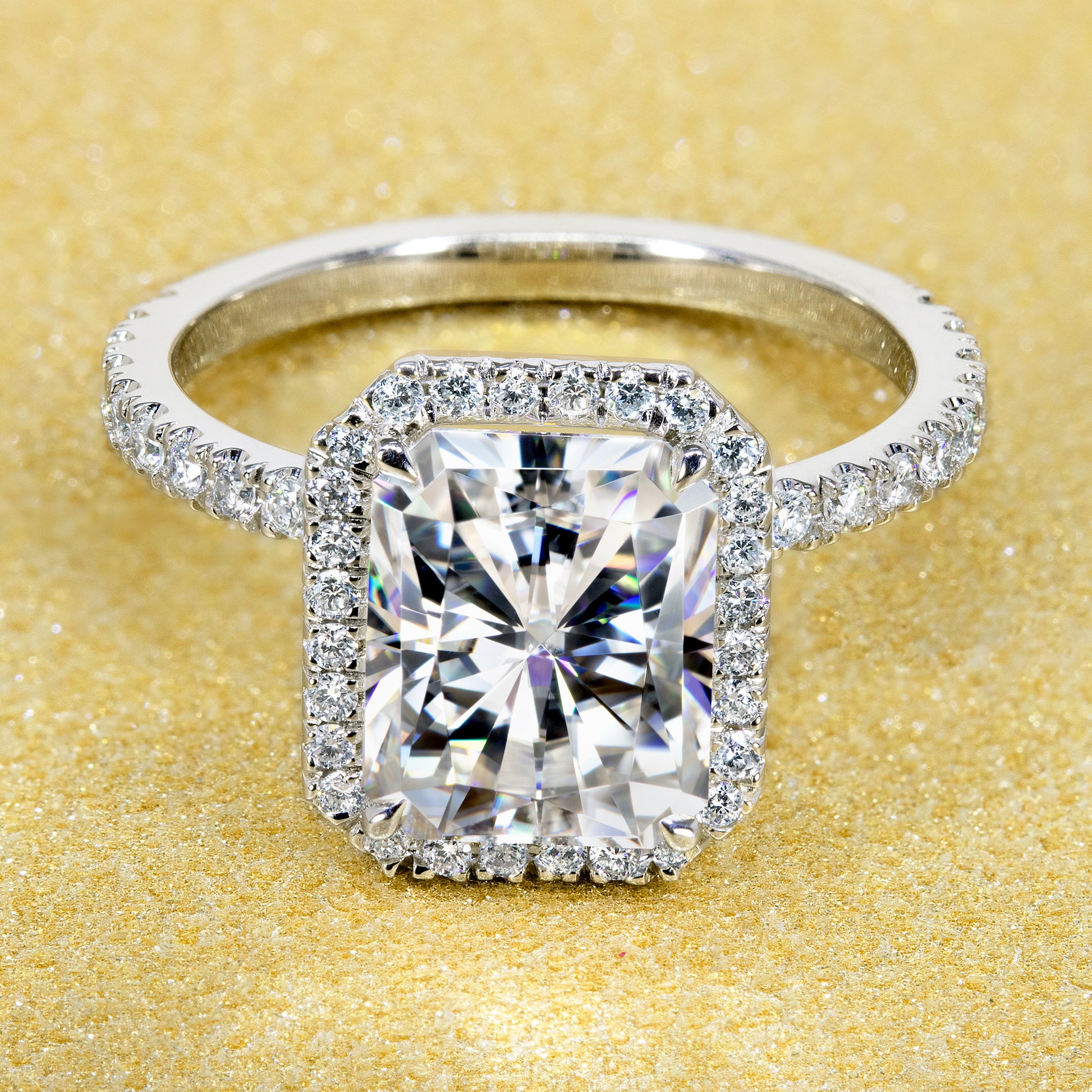 14K Gold Classic 2.7ct Radiant-cut Halo Moissanite and Diamond Engagement Ring | Earthena Jewelry