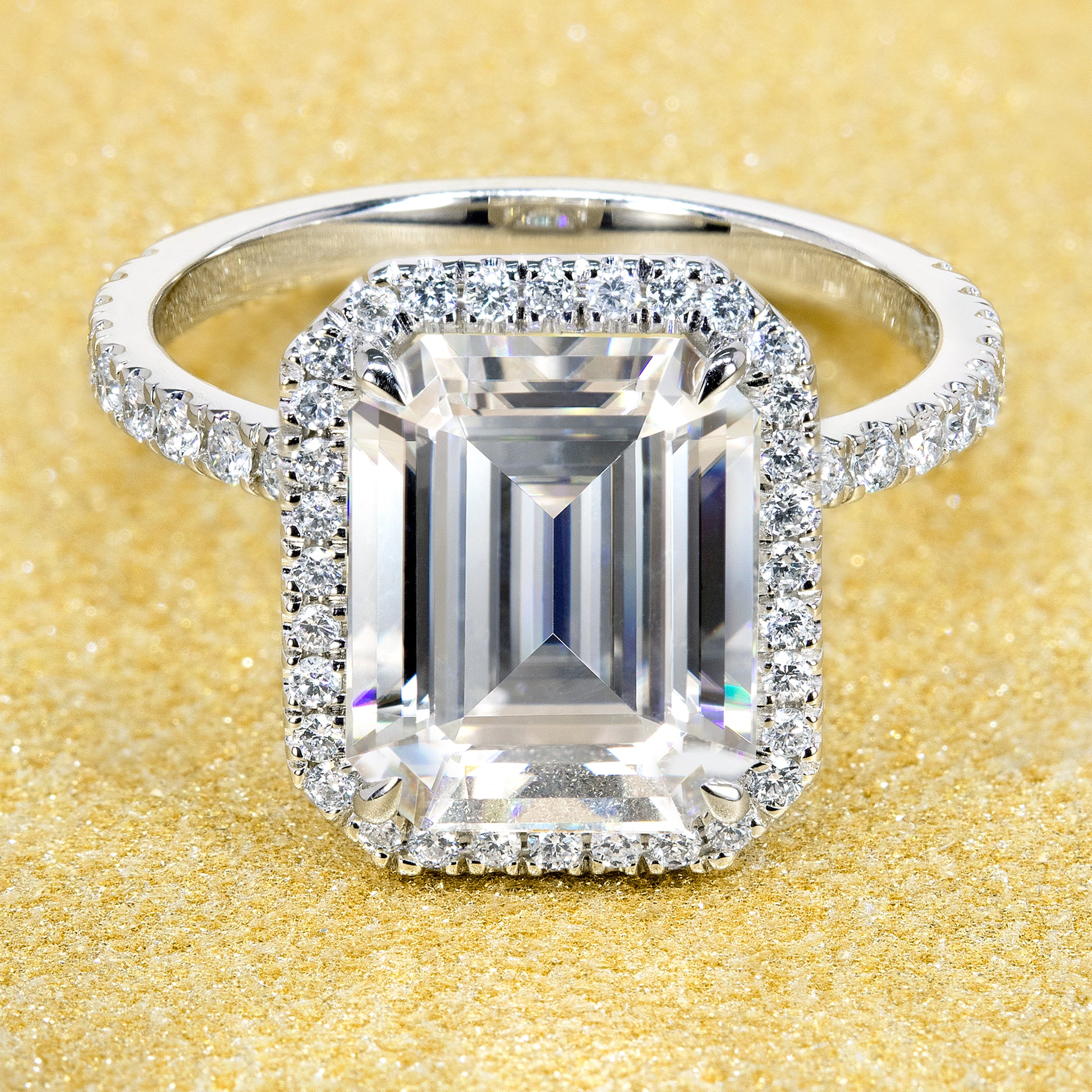 14K Gold Classic 3.5ct Emerald-cut Halo Moissanite and Diamond Engagement Ring | Earthena Jewelry